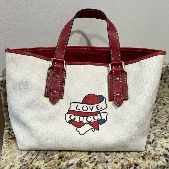 Gucci Handbags - Gucci GG Plus Monogram Small Jolicoeur Tattoo Heart Tote Off White Red Sold Out